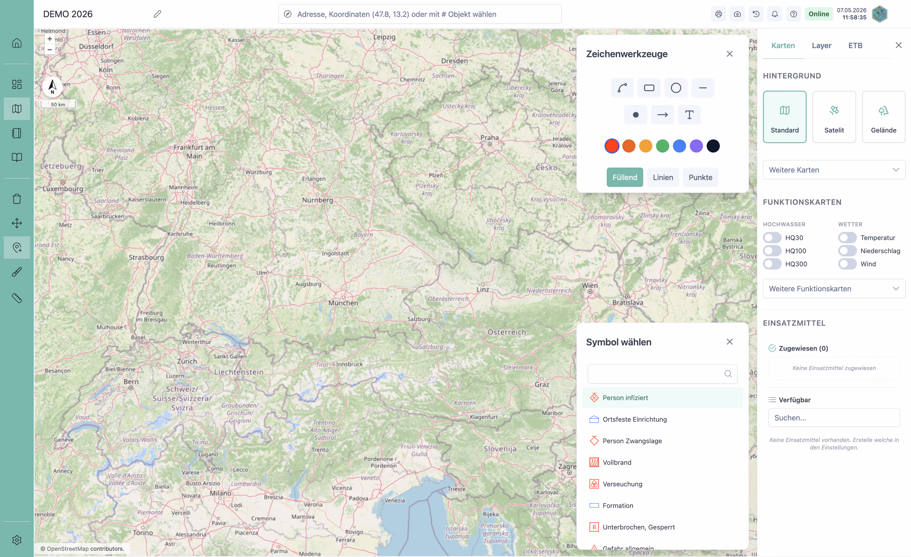 kkmOS software interface with digital situation map, operation log and business log